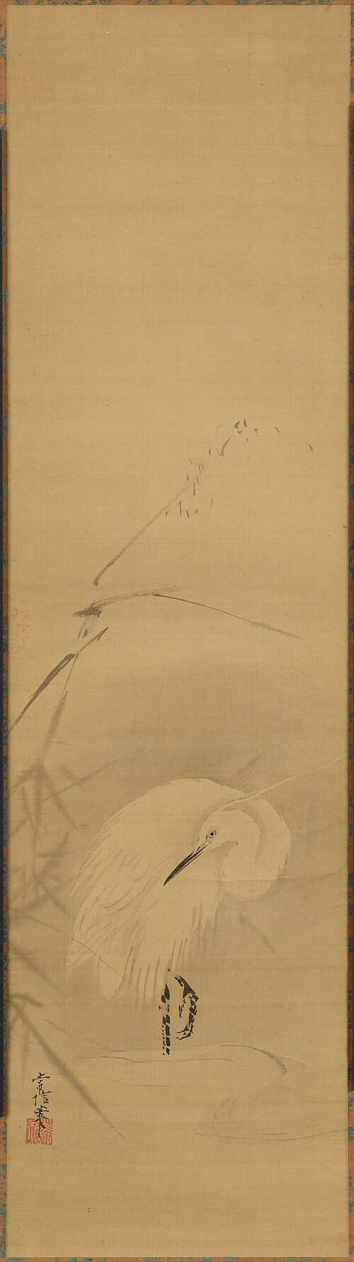 Heron and Reeds [left of a pair of Swallow and Heron], , Kanō Tsunenobu