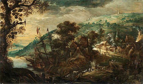 Figures around a fire, before an extensive river landscape, with a ship moored in the distance, 1550, Kerstiaen de Keuninck