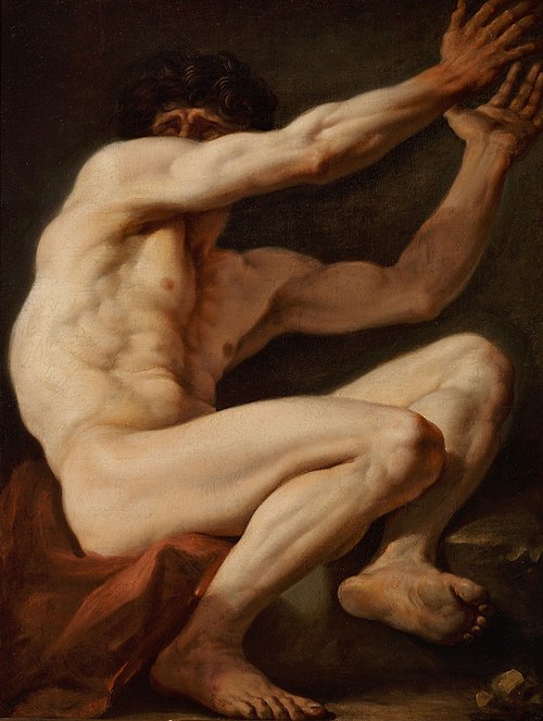 Sitting male nude with the face partly covered by his raised arms, 1772, Nicolai Abraham Abildgaard