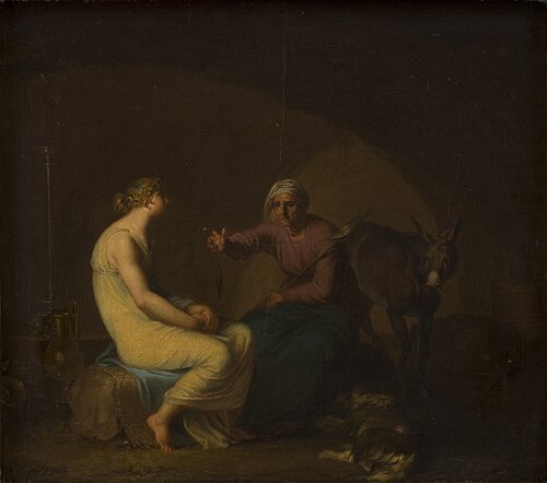 The robber's housekeeper comforts the young girl by telling the myth of Amor and Psyche. Motif from , 1808, Nicolai Abraham Abildgaard