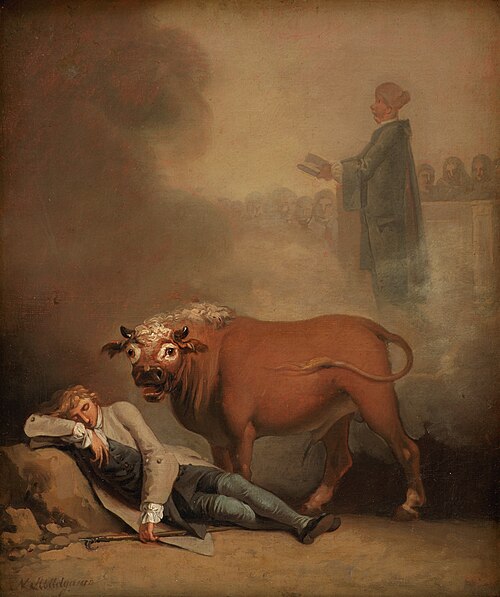 Niels Klim thinks he hears the Deacon when he is awakened by a Bull, 1785, Nicolai Abraham Abildgaard