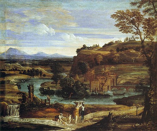 Paysage avec des laveuses de linge et un enfant renversant du vin, 1604, Le Dominiquin