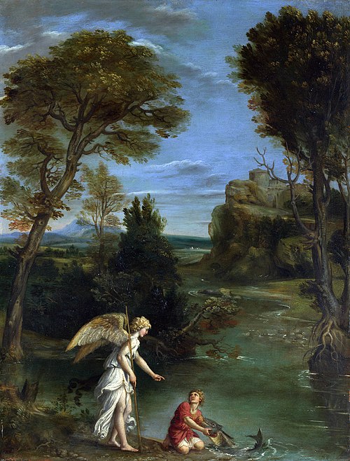 Landscape with Tobias laying hold of the Fish, 1610, Domenichino