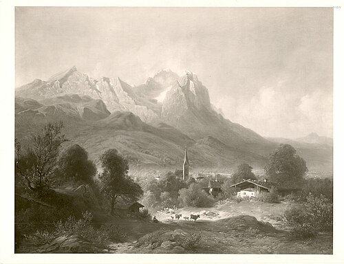 Garmisch with Zugspitze + Waxenstein, 1842, Julius Lange