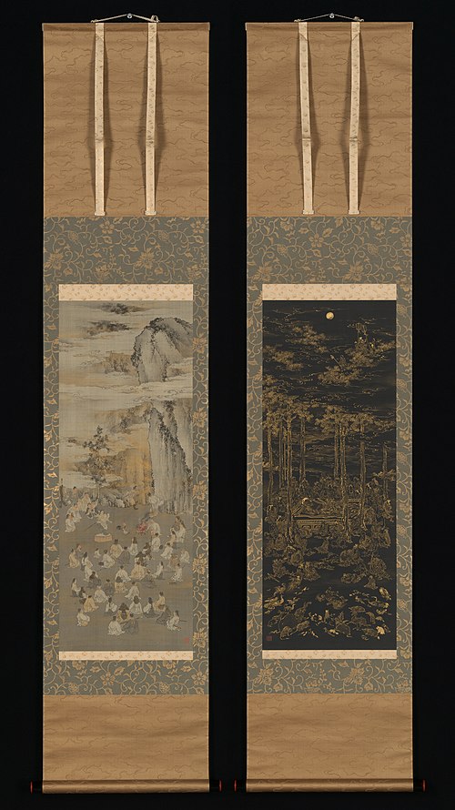 Luring the Sun Goddess Amaterasu Out of a Cave; Death of the Historical Buddha (Nehan-zu), 1883, Kōno Bairei