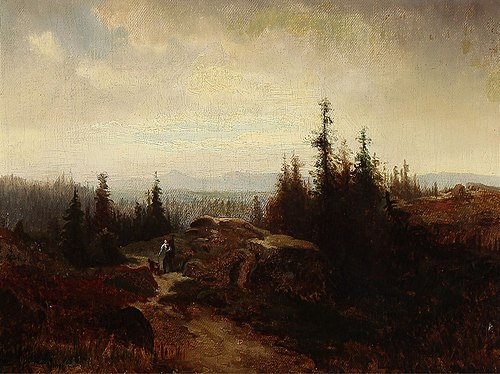 Norwegian mountain landscape with a wanderer, 1860, Erik Bodom