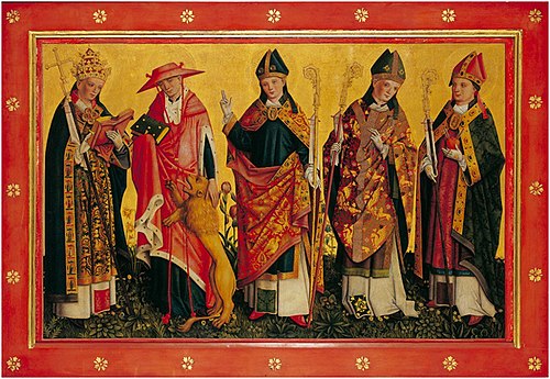 „Nikolaustafel“ mit den vier Kirchenvätern Gregor d. Große, Hieronymus, Ambrosius und Augustinus, 1458, Maître du retable de Schöppingen