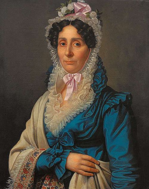 Portrait einer Dame mit weißer Spitzenhaube, blauem Taftkleid und beigem Umhang., , Heinrich Christoph Kolbe
