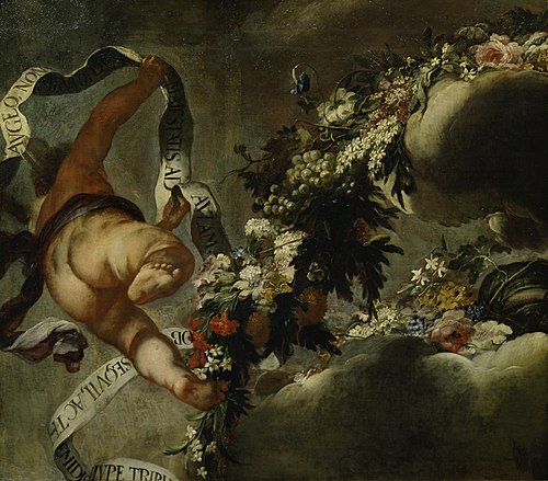 Putto mit Blumengewinde und Spruchband, 1698, Peter Strudel