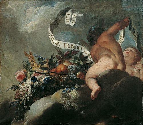 Zwei Putti mit Blumen, Früchten und Spruchband, 1698, Peter Strudel