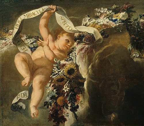Putto mit Blumengewinde und Spruchband, 1698, Peter Strudel
