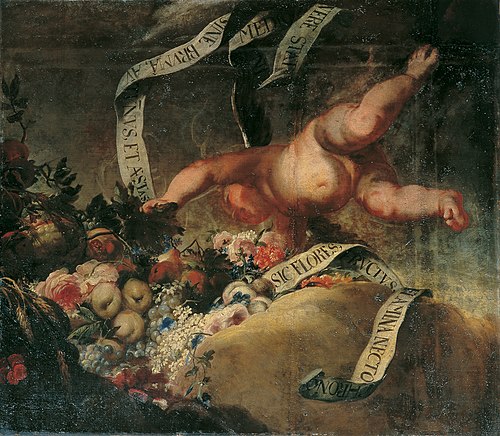 Putto mit Blumen, Früchten und Spruchband, 1698, Peter Strudel