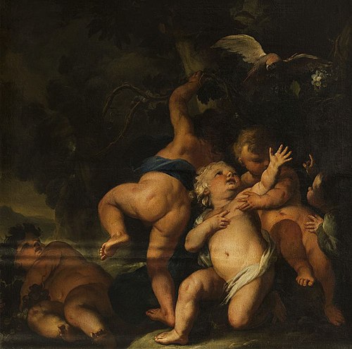 Fünf spielende Kinder mit Weinlaub und Papagei, 1708, Peter Strudel