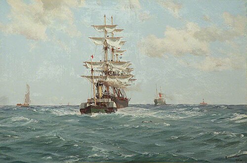 Paddle Tug Towing a Full-Rigged Ship, 1902, Thomas Somerscales