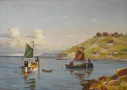 Harbor scene off a castle, 1927, Thomas Somerscales