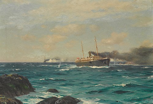 The S.S. Ortega entering the straits of Nelson with the S.M.S. Dresden in pursuit, 1916, Thomas Somerscales