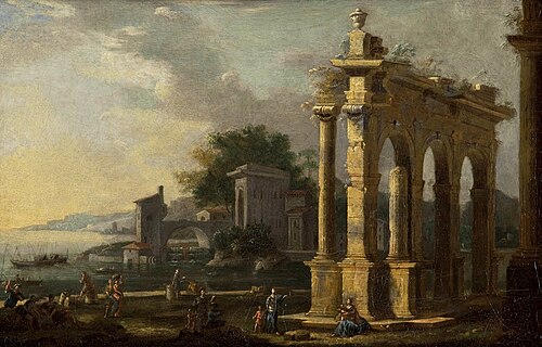 A coastal landscape with figures by classical ruins, 1715, Leonardo Coccorante