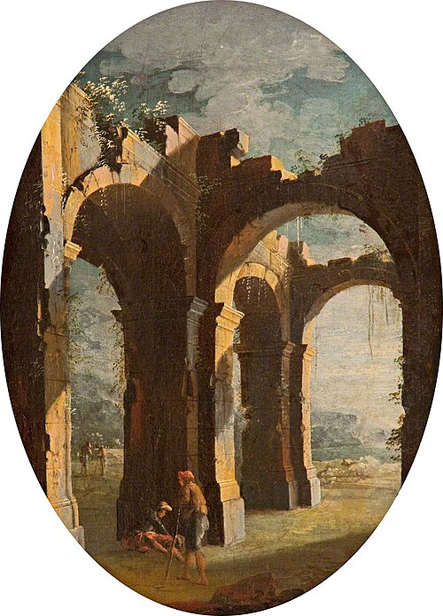 Italian Capriccio of Classical Ruins with Labourers, 1725, Leonardo Coccorante