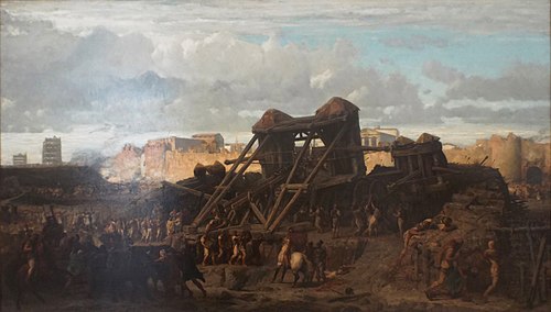 siège d'une ville par les Romains sous Jules César. Batterie de balistes et catapultes., 1861, Gustave Brion