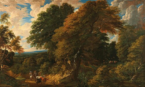 Wooded landscape with peasants and their cattle, , Cornelis Huysmans