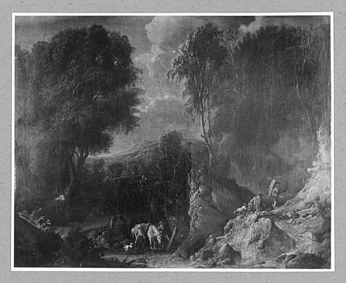 Rocky landscape with travelers, 1682, Cornelis Huysmans