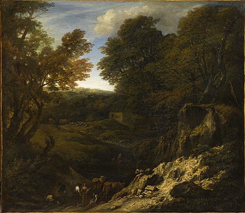 Landscape with shepherds and herds at the edge of a pond and near an illuminated Talus, 1700, Cornelis Huysmans