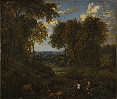 Landscape with shepherds and herd in a forest path, 1700, Cornelis Huysmans