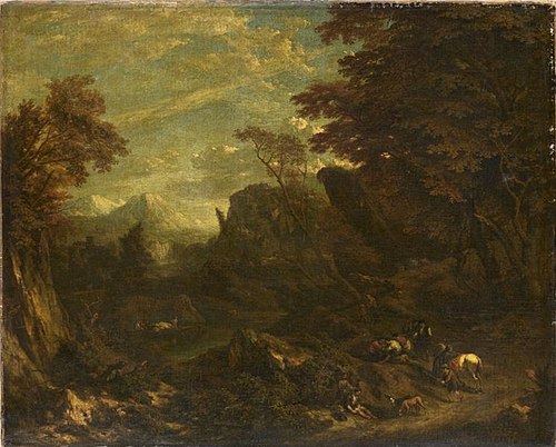 Landscape with travelers resting on the side of a road, 1700, Cornelis Huysmans