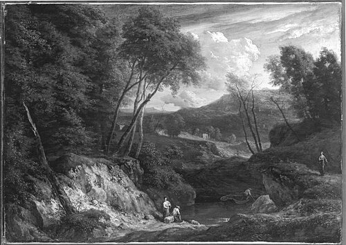 Hügellandschaft mit einem Gewässer, 1687, Cornelis Huysmans
