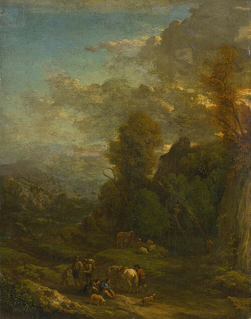 Evening Landscape with Travellers, 1690, Cornelis Huysmans