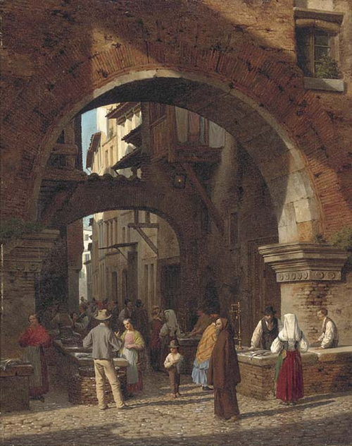 The fish market, Rome., 1850, Heinrich Hansen