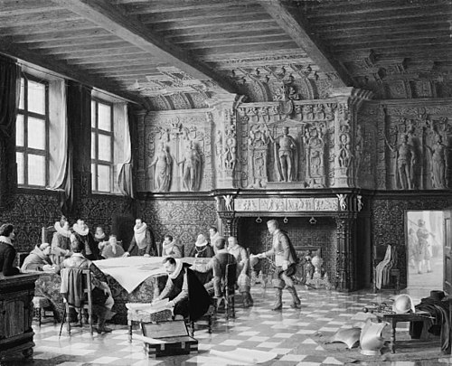 Et krigsråd i Salle des Francs i Brügge omkring år 1600, 1847, Heinrich Hansen