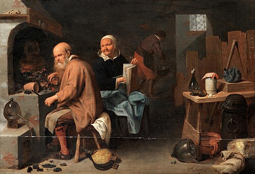 Alchemist and his wife in a workshop, 1650, David Ryckaert III