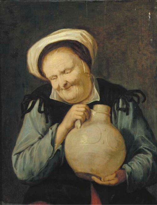 An old woman holding a stoneware vessel, 1648, David Ryckaert III