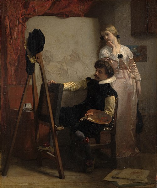 Een schilder voor zijn ezel toont een schilderij aan een meisje, 1852, Florent Willems