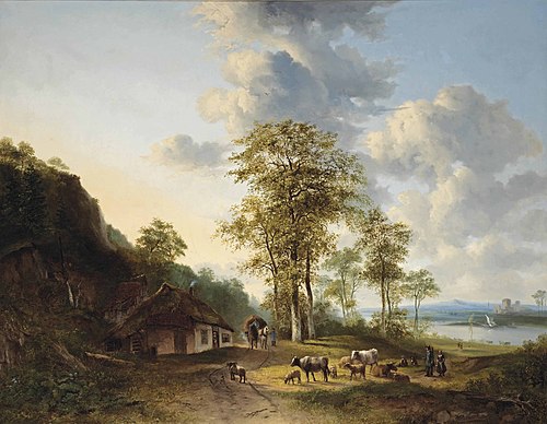 An extensive river landscape with farmers and cattle, , Georgius Jacobus Johannes van 