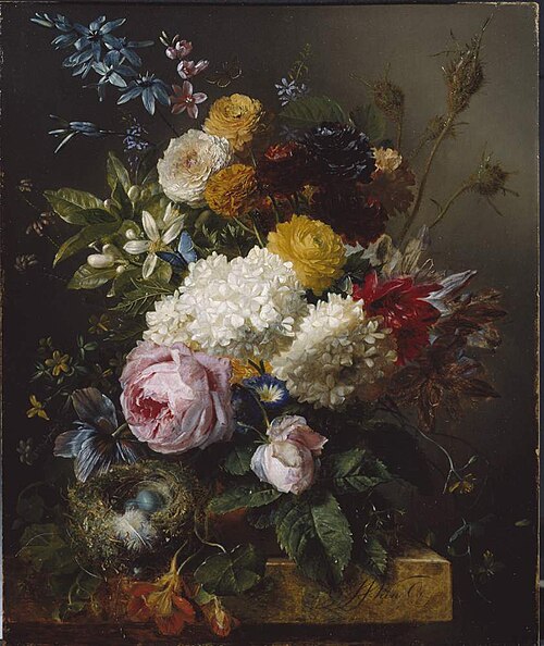 Een boeket bloemen en een vogelnestje op een stenen plint, 1828, Georgius Jacobus Johannes van 
