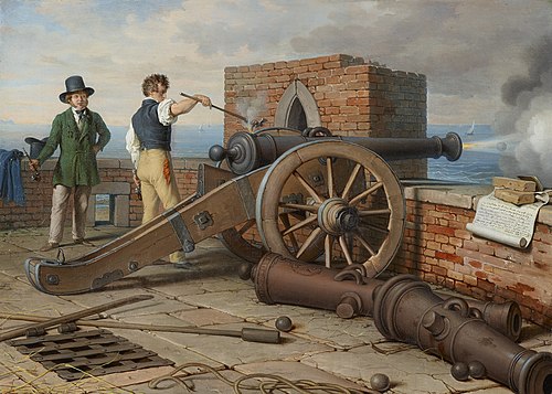Künstlerfreunde lösen einen Kanonenschuss auf der Festung Michele bei Ostia (Ferdinand Jagemann und , 1849, Johann Peter Krafft