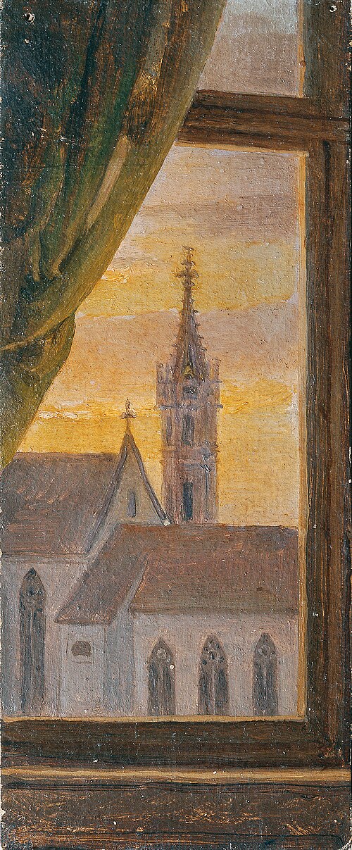 Blick durch ein Fenster auf einen gotischen Kirchturm, 1855, Johann Peter Krafft