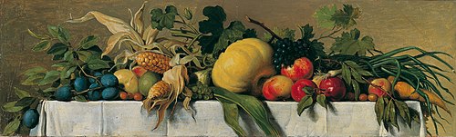 Stillleben mit Obst und Gemüse auf weißem Tischtuch, 1835, Johann Peter Krafft