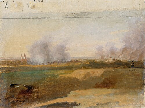Landschaftsstudie mit brennenden Dörfern im Hintergrund, 1835, Johann Peter Krafft