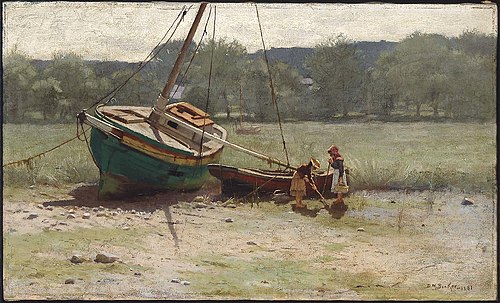 Salt Marsh Landscape with Two Children near a Beached Sailboat and Dory, 1881, Dennis Miller Bunker