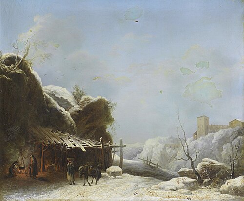 A winter landscape with a woman and her donkey on a path, a hilltop town beyond, 1838, Louis-Claude Malbranche