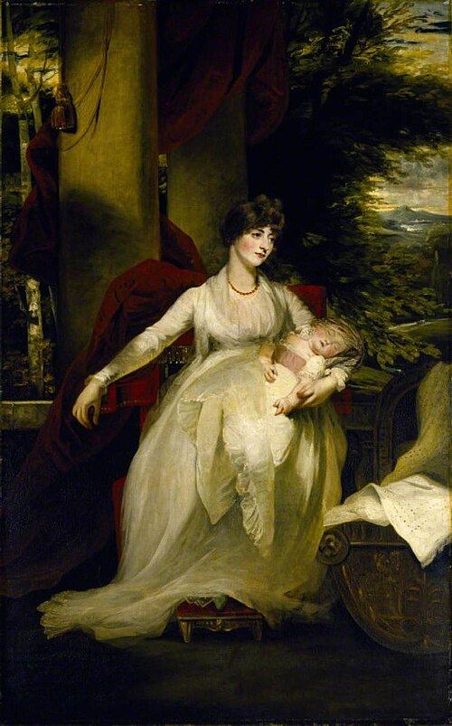 Lady Caroline Paget, Lady Capel (1773-1847) holding her daughter Harriet, later Mrs David Okenden Pa, 1793, John Hoppner