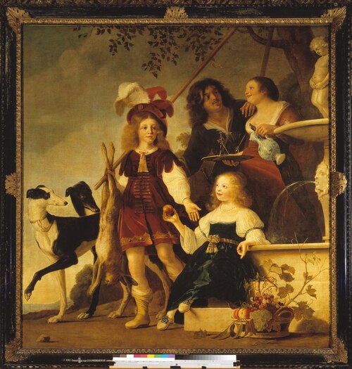 Portrait of a family dressed in hunting costumes, relaxing beside a fountain, 1642, Christiaen van Couwenbergh