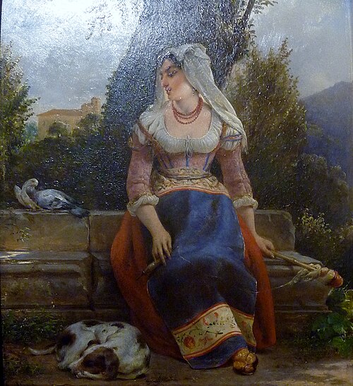 Jeune femme romaine regardant des colombes, 1864, Louis Ricquier