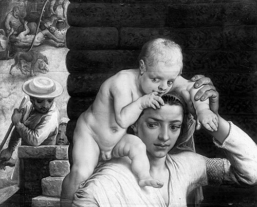 Young woman, carrying a child on her shoulder, , Pieter Aertsen