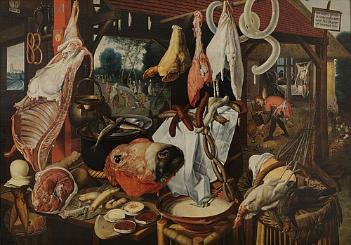 Butcher's Stall with the Flight into Egypt, 1553, Pieter Aertsen