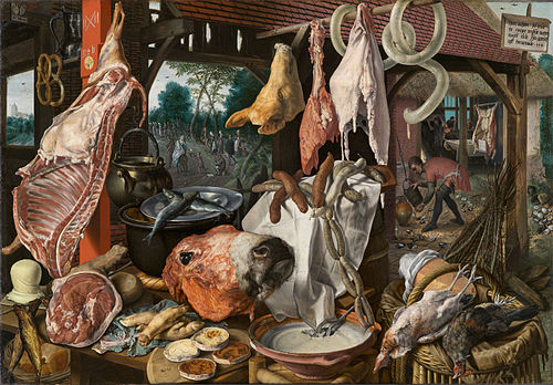 Étal de viande avec la Sainte Famille faisant l'aumône durant la Fuite en Égypte, 1551, Pieter Aertsen