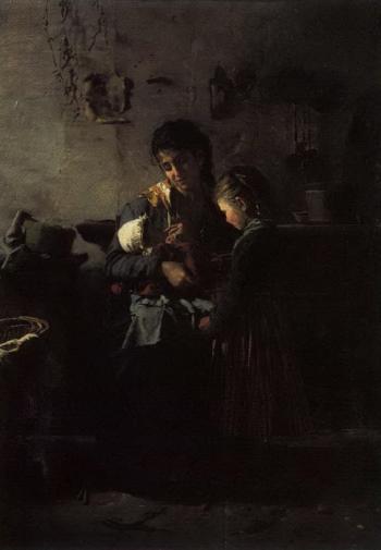 Mother with her baby and child in an interior, 1875, Luigi Nono